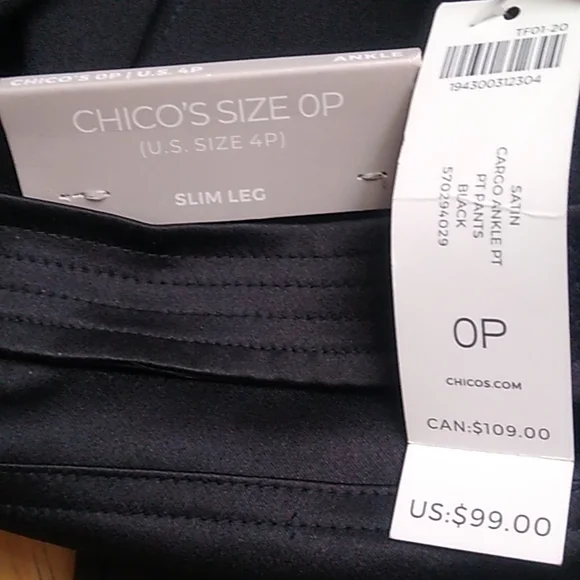 Chico's Satin Cargo Ankle Pants, Black, Size 0P, NWT - Picture 8 of 8